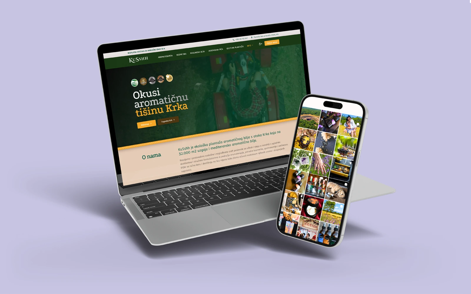 KuSshh web stranica na prijenosnom računalu i prikaz društvenih mreža na mobitelu