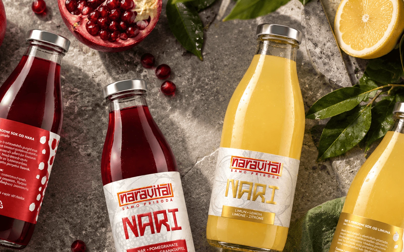 Naravital boce sokova od nara i limuna s dizajniranim etiketama